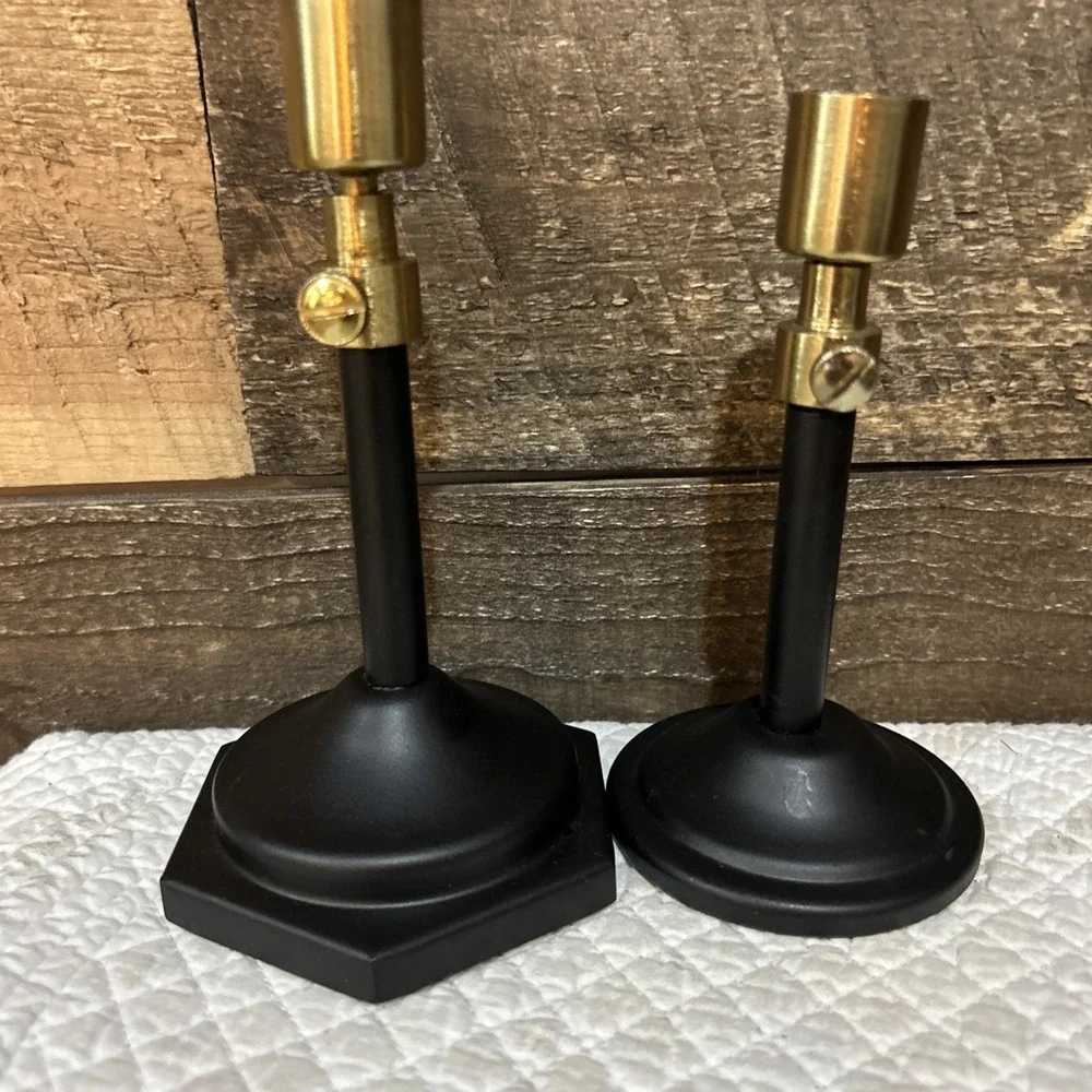 Two  Gold  Brass And  Black Base Adjustable Candleholders  Nice Condition